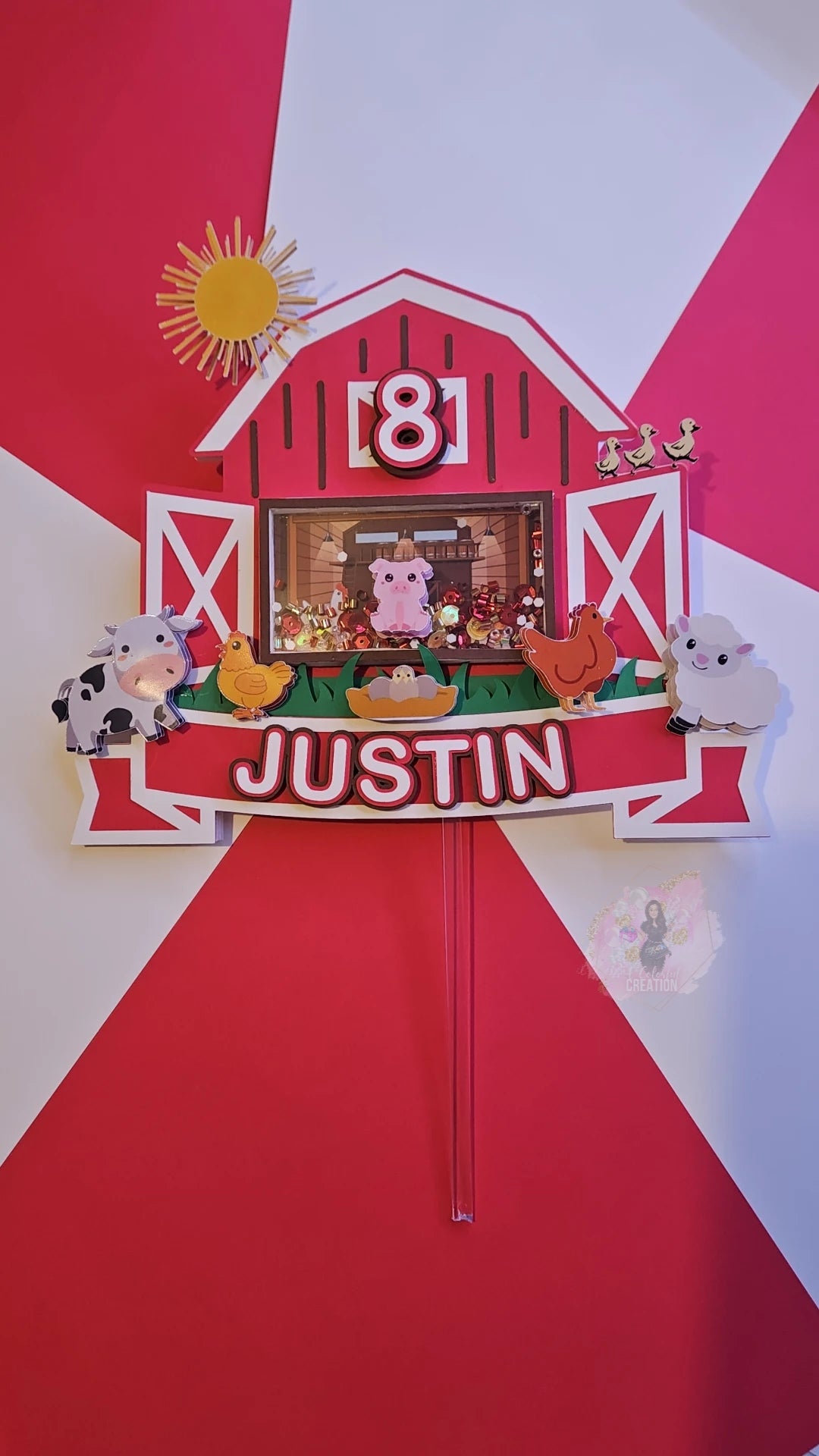 Farm and Barn Barnyard Themed Cake Topper 3D Shaker WITH Lights & Name Personalization