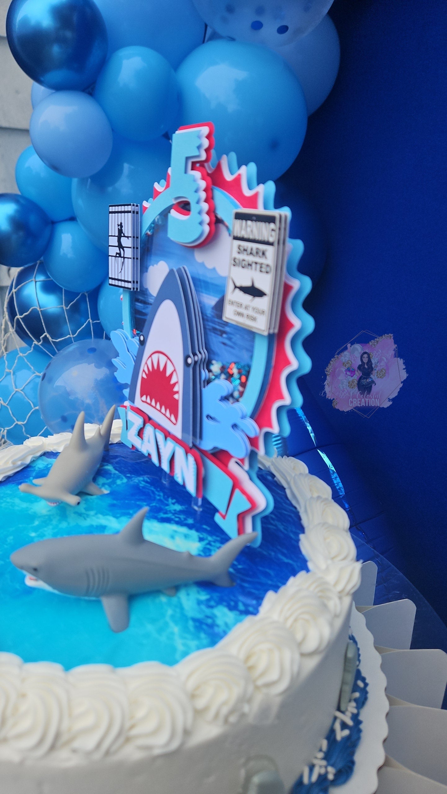 Shark-Themed 3D Shaker Cake Topper WITH Lights & Name Personalization