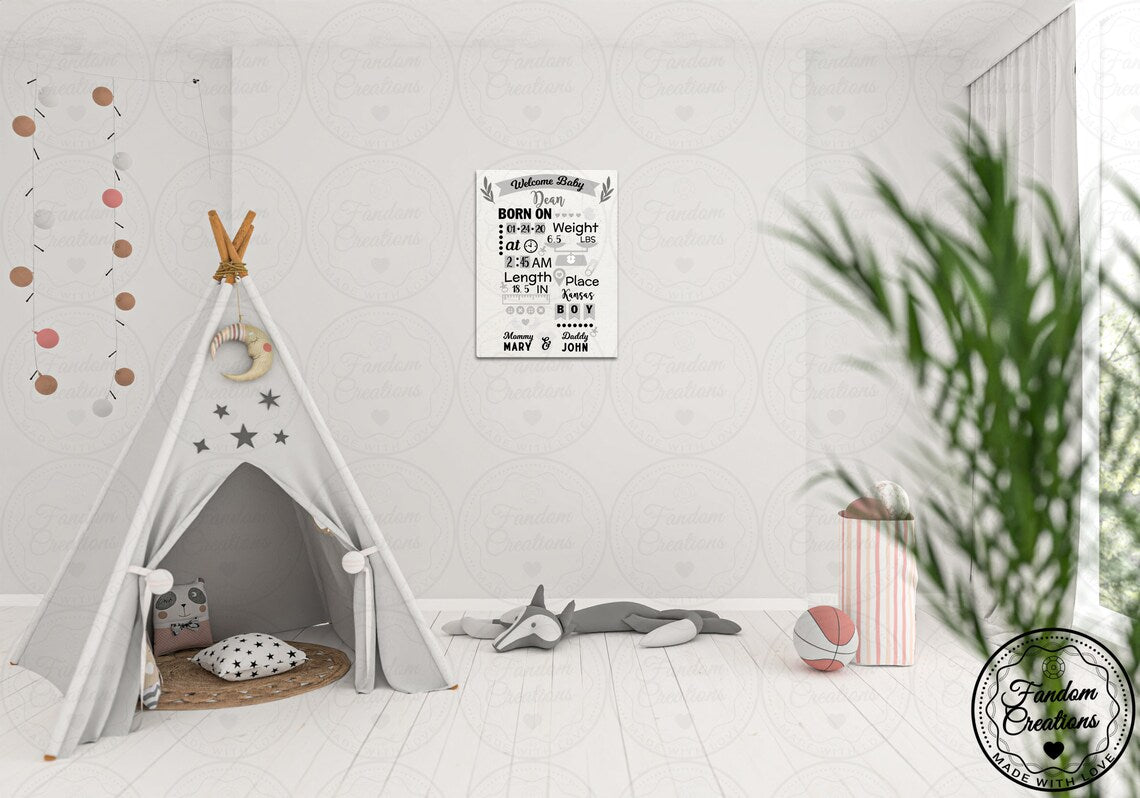 100% Cotton Baby Birth Stat Canvas 11x14 Fully Custom Frameless Art Gift Neutral Minimalist