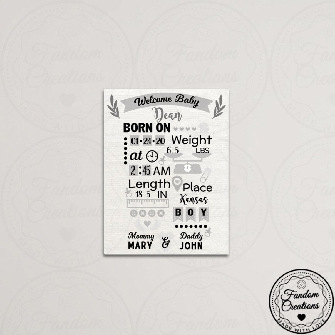 100% Cotton Baby Birth Stat Canvas 11x14 Fully Custom Frameless Art Gift Neutral Minimalist
