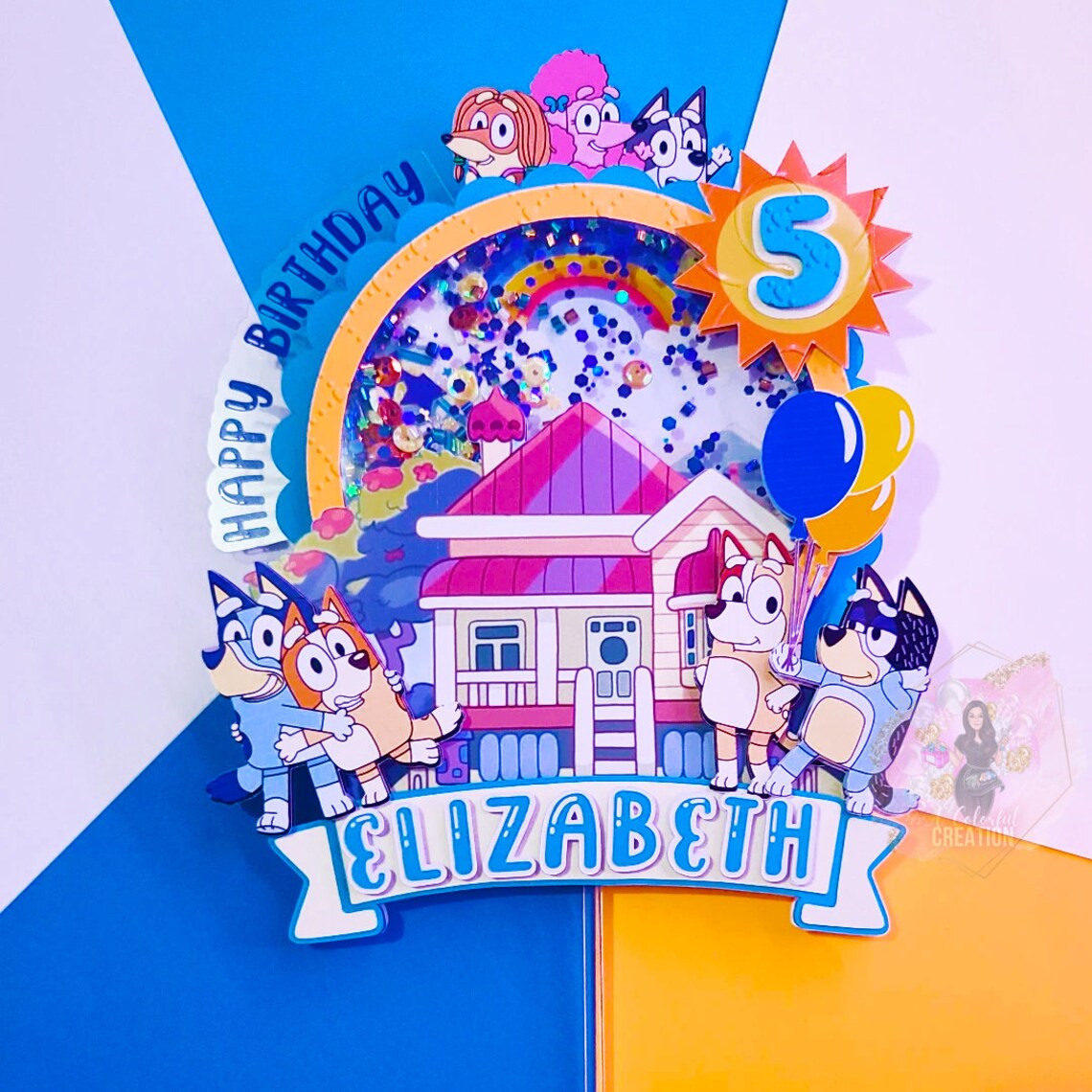 Bluey Themed Adventure Cake Topper 3D Shaker WITH Lights & Name Personalization