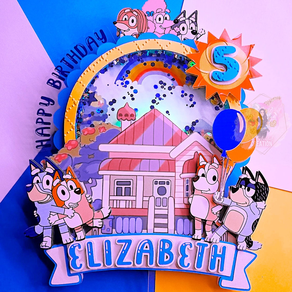 Bluey Themed Adventure Cake Topper 3D Shaker WITH Lights & Name Personalization