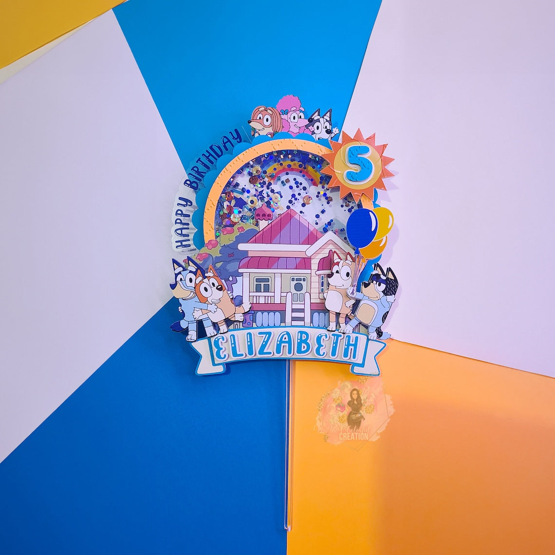Bluey Themed Adventure Cake Topper 3D Shaker WITH Lights & Name Personalization