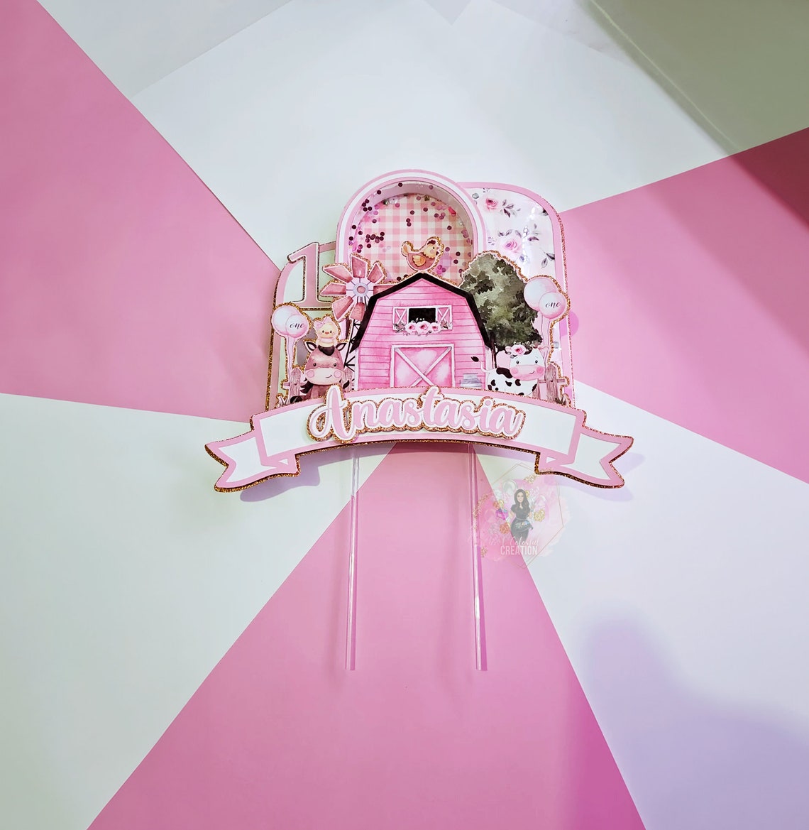 Pink Farm Adventure Cake Topper 3D Shaker WITH Lights & Name Personalization