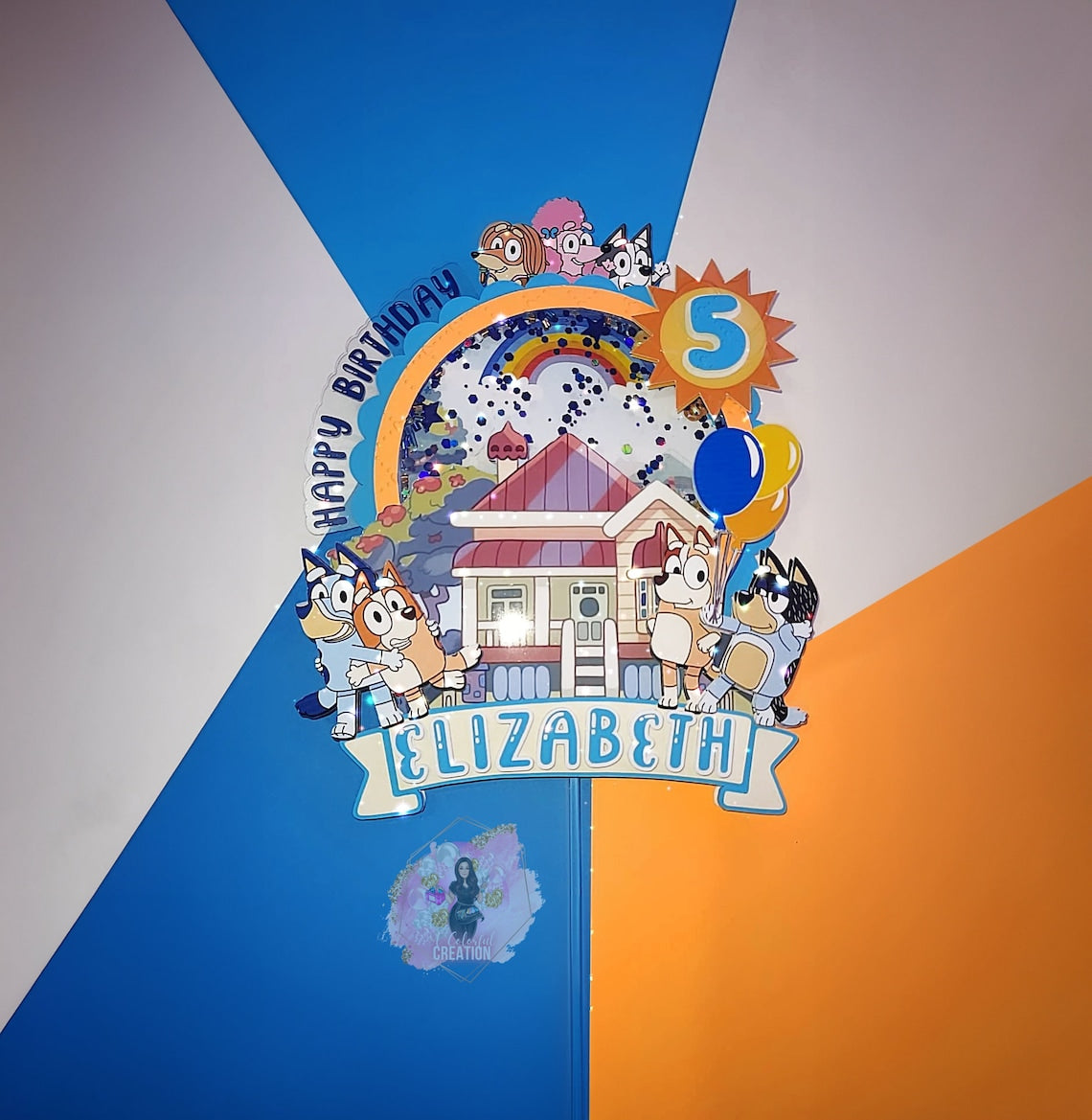 Bluey Themed Adventure Cake Topper 3D Shaker WITH Lights & Name Personalization