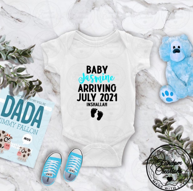 Custom Baby Arriving InshAllah Arabic Pregnancy Announcement 100% Cotton Onesie