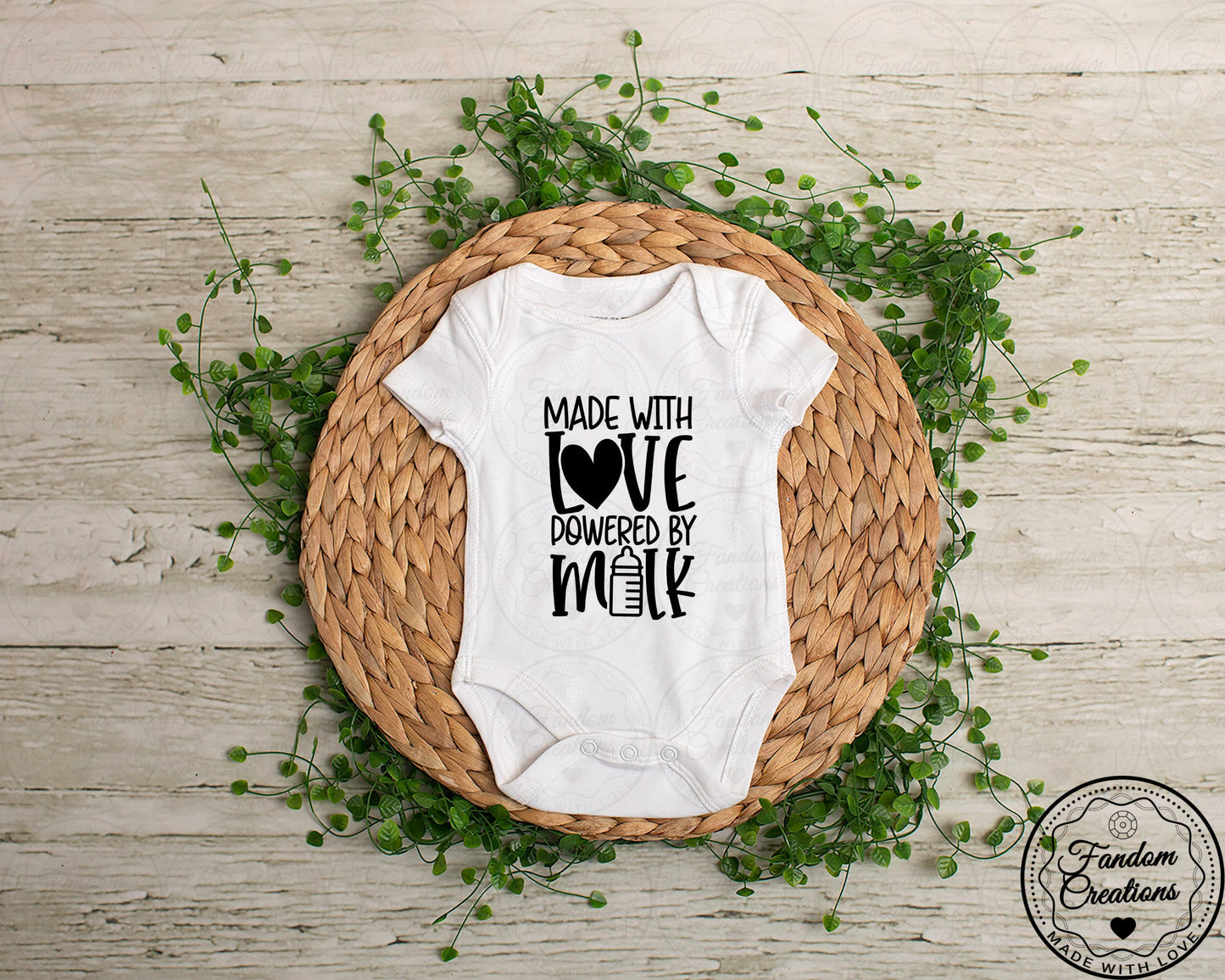 Made With Love Powered By Milk 100% Cotton Custom Baby Onesie