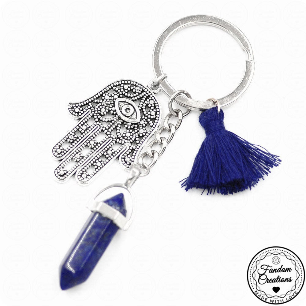 Pom Pom Tassel Palm Eye Hamsa Natural Crystal Healing Stone Keychain Gift