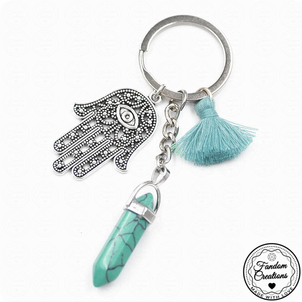 Pom Pom Tassel Palm Eye Hamsa Natural Crystal Healing Stone Keychain Gift