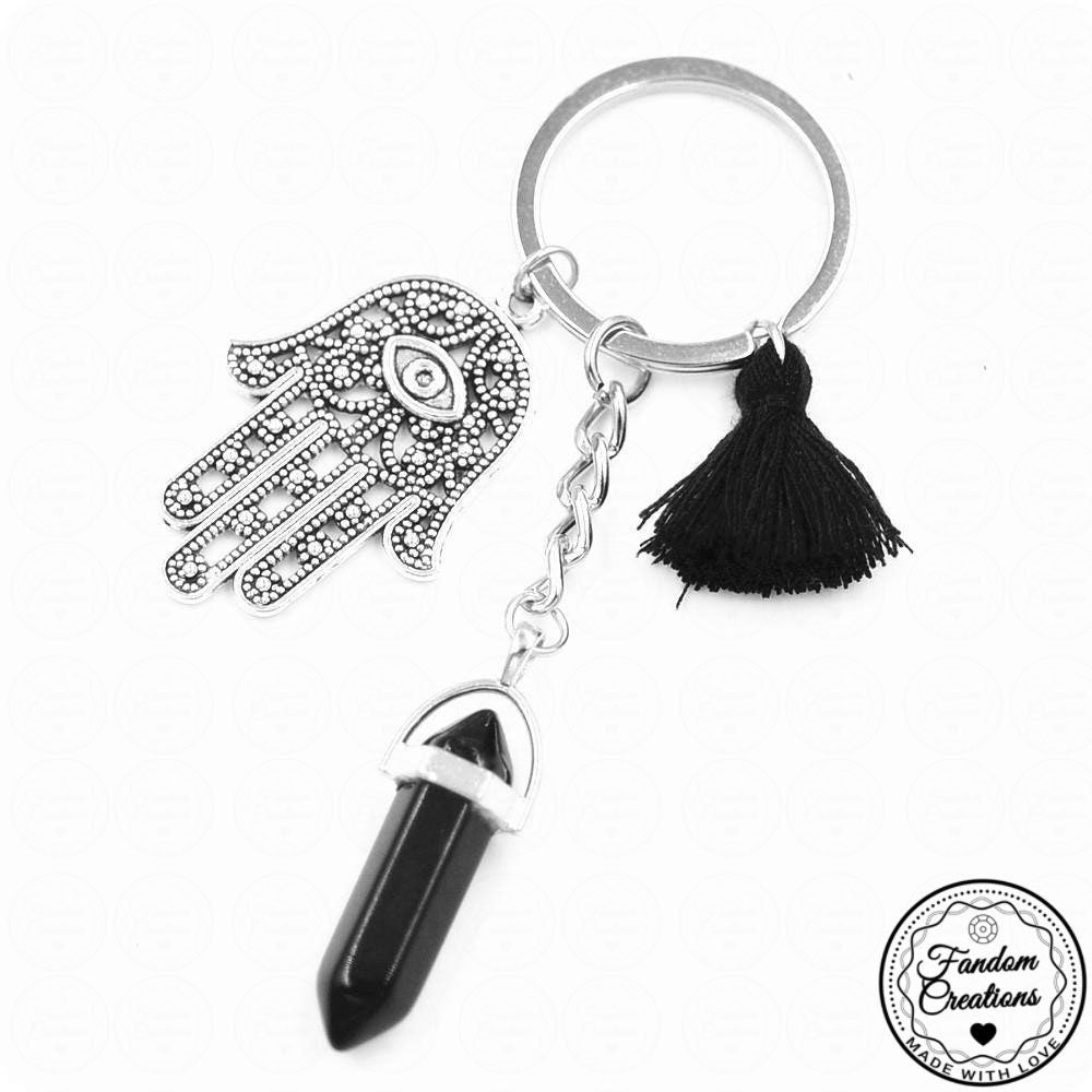 Pom Pom Tassel Palm Eye Hamsa Natural Crystal Healing Stone Keychain Gift