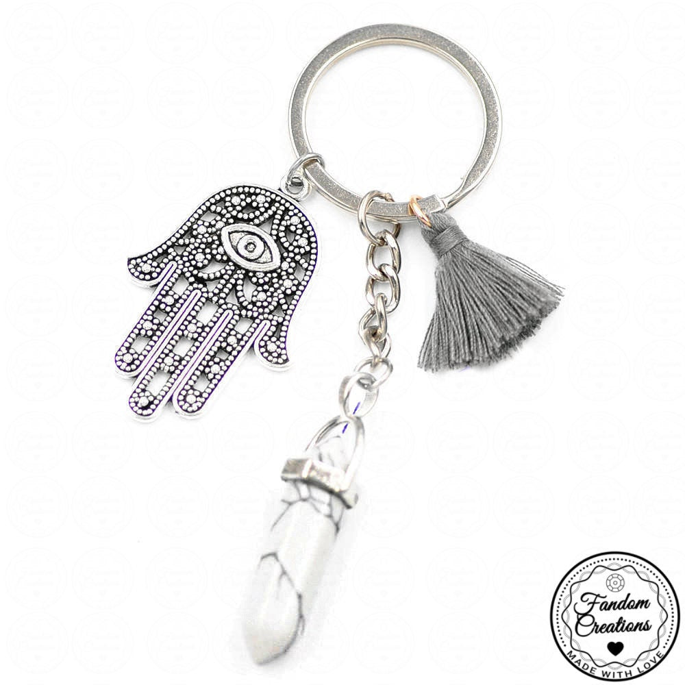 Pom Pom Tassel Palm Eye Hamsa Natural Crystal Healing Stone Keychain Gift