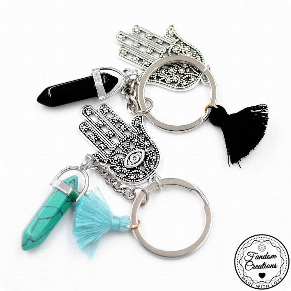 Pom Pom Tassel Palm Eye Hamsa Natural Crystal Healing Stone Keychain Gift