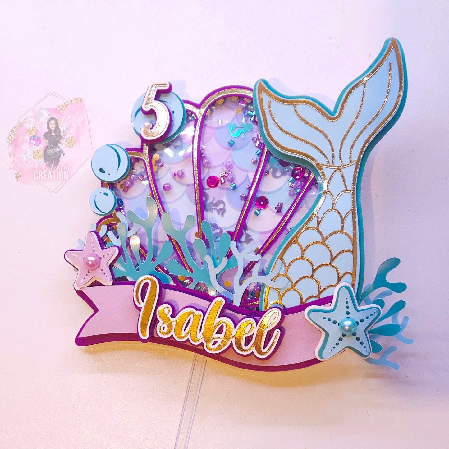 Mermaid Magic Cake Topper 3D Shaker WITH Lights & Name Personalization