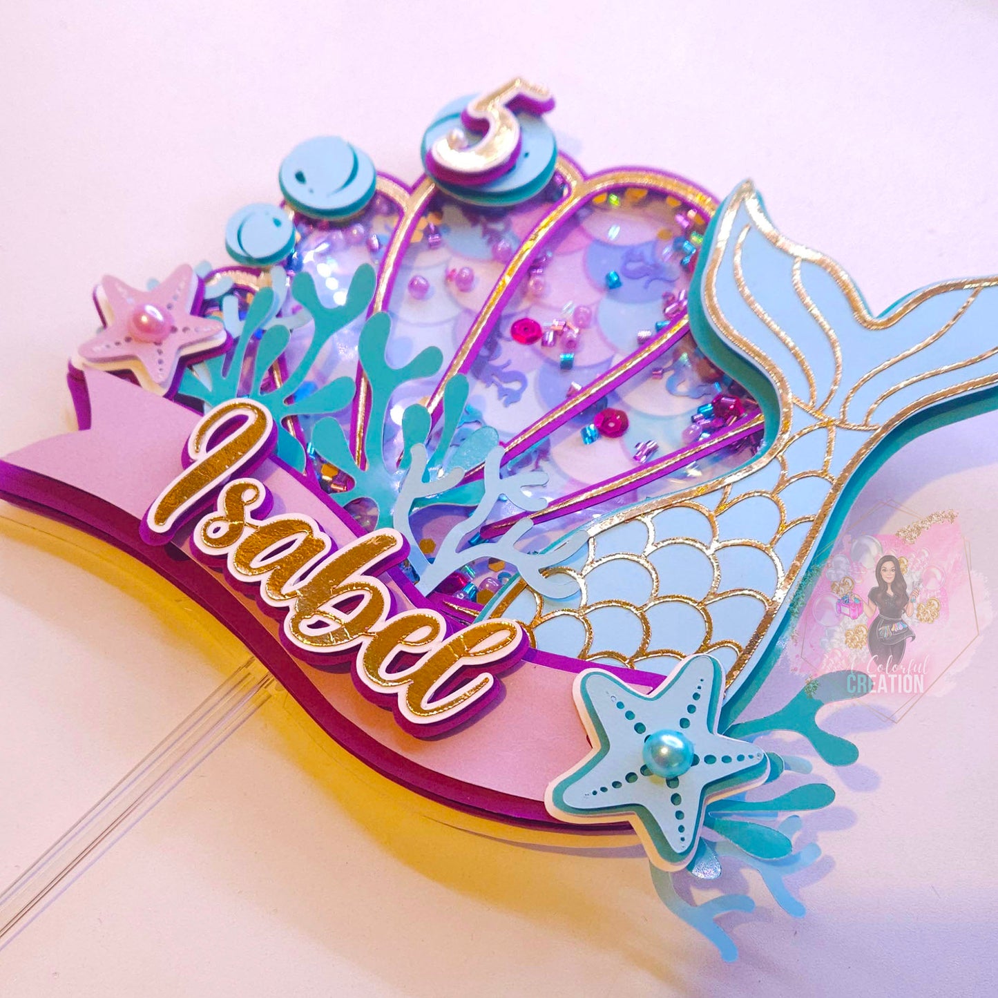 Mermaid Magic Cake Topper 3D Shaker WITH Lights & Name Personalization