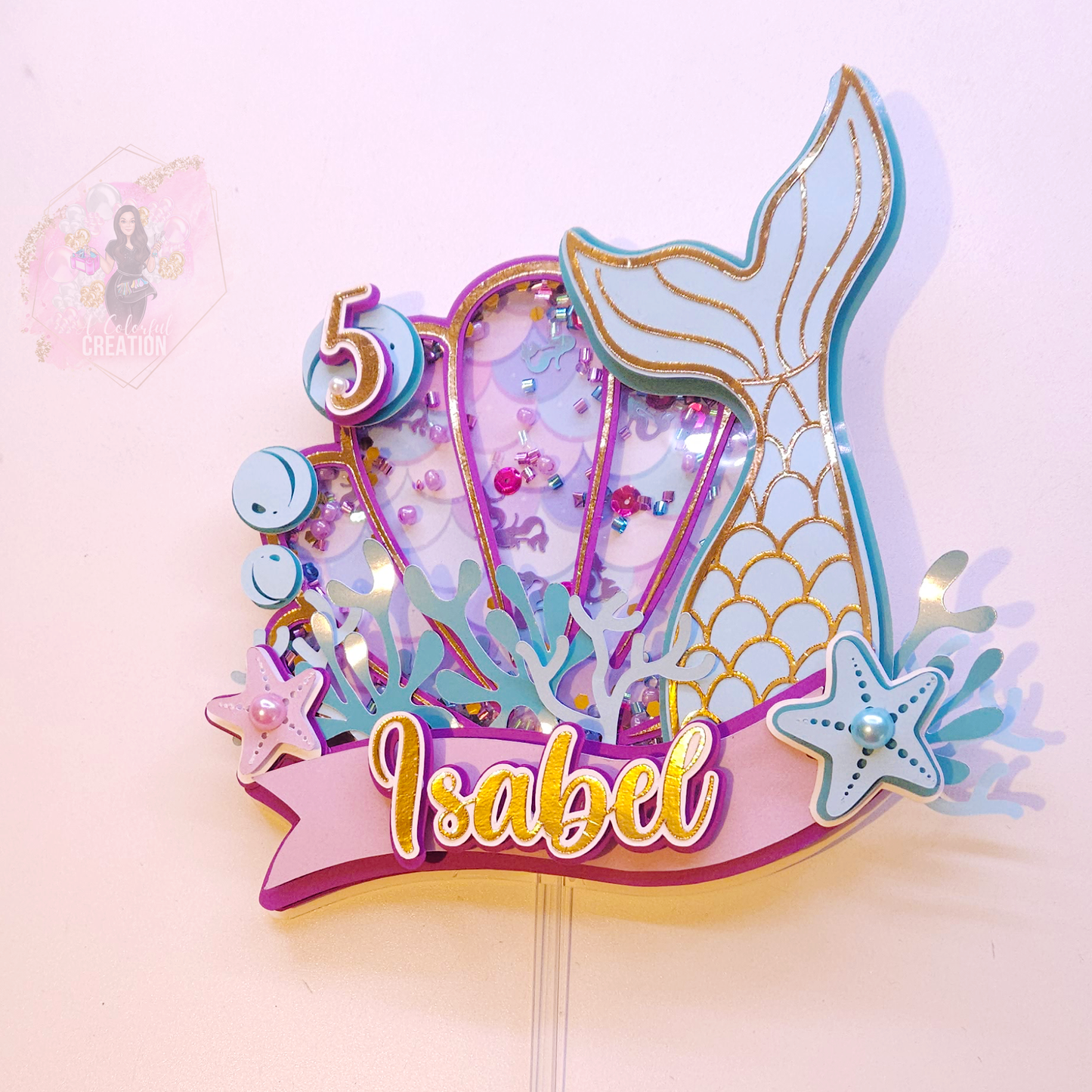 Mermaid Magic Cake Topper 3D Shaker WITH Lights & Name Personalization