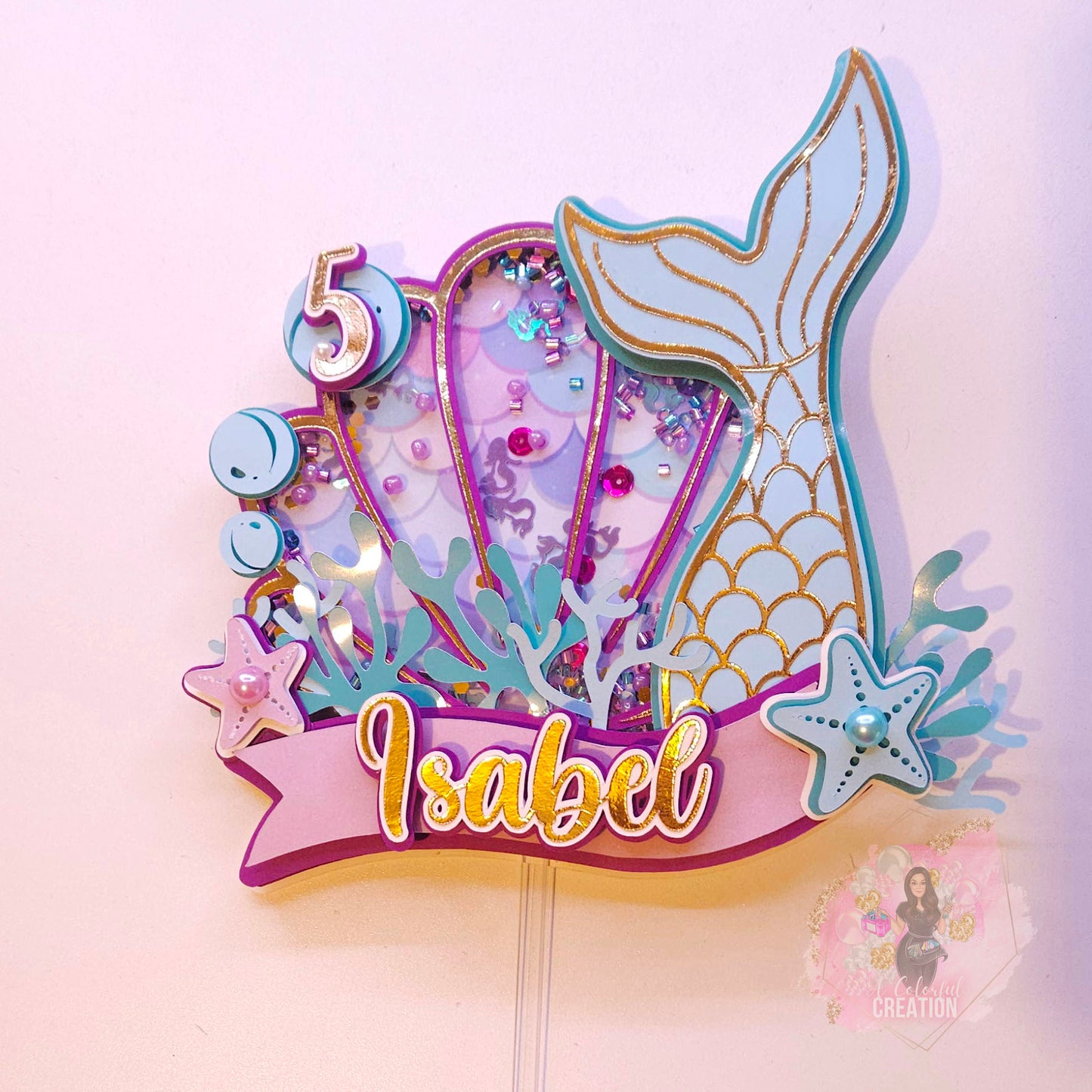 Mermaid Magic Cake Topper 3D Shaker WITH Lights & Name Personalization