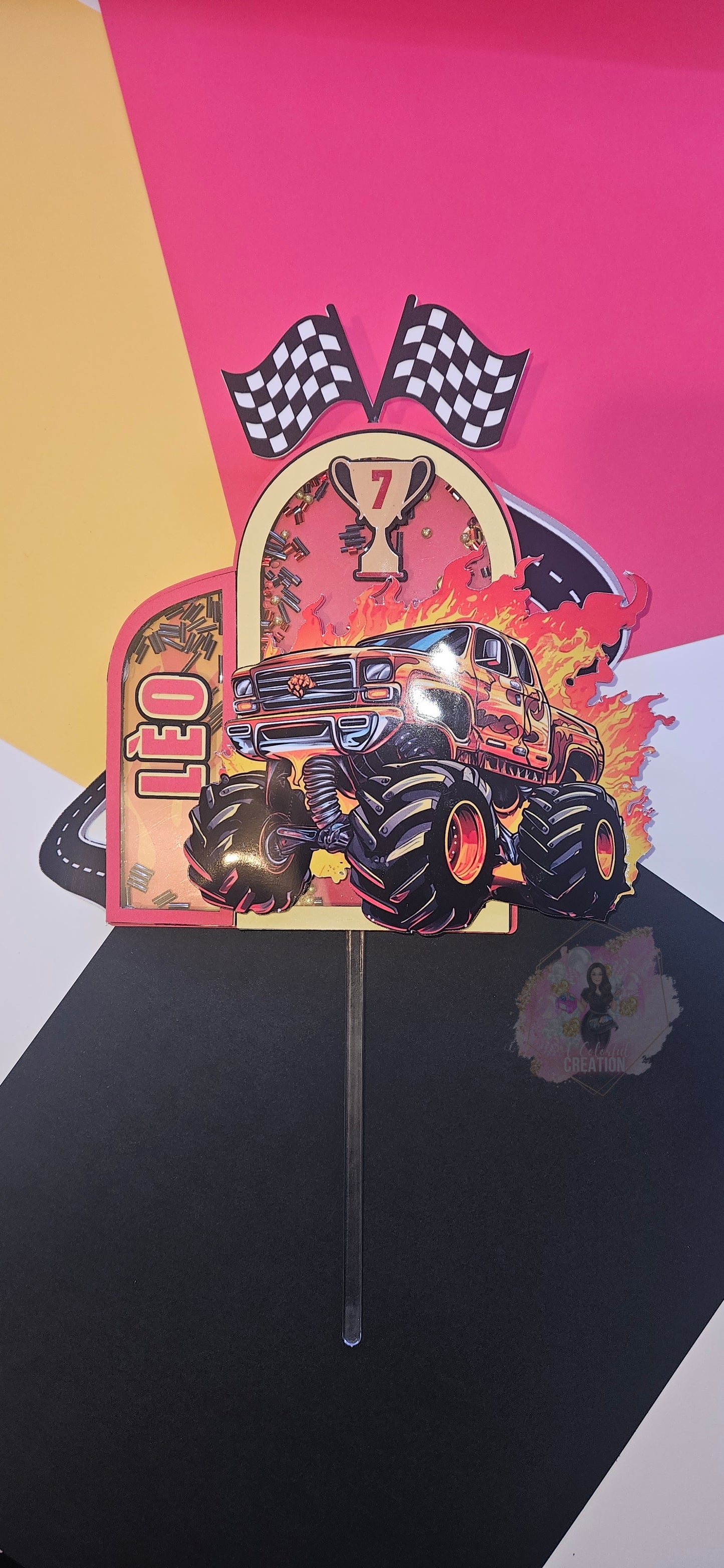 Monster Jam Monster Truck Themed Cake Topper 3D Shaker WITH Lights & Name Personalization