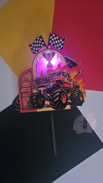 Monster Jam Monster Truck Themed Cake Topper 3D Shaker WITH Lights & Name Personalization