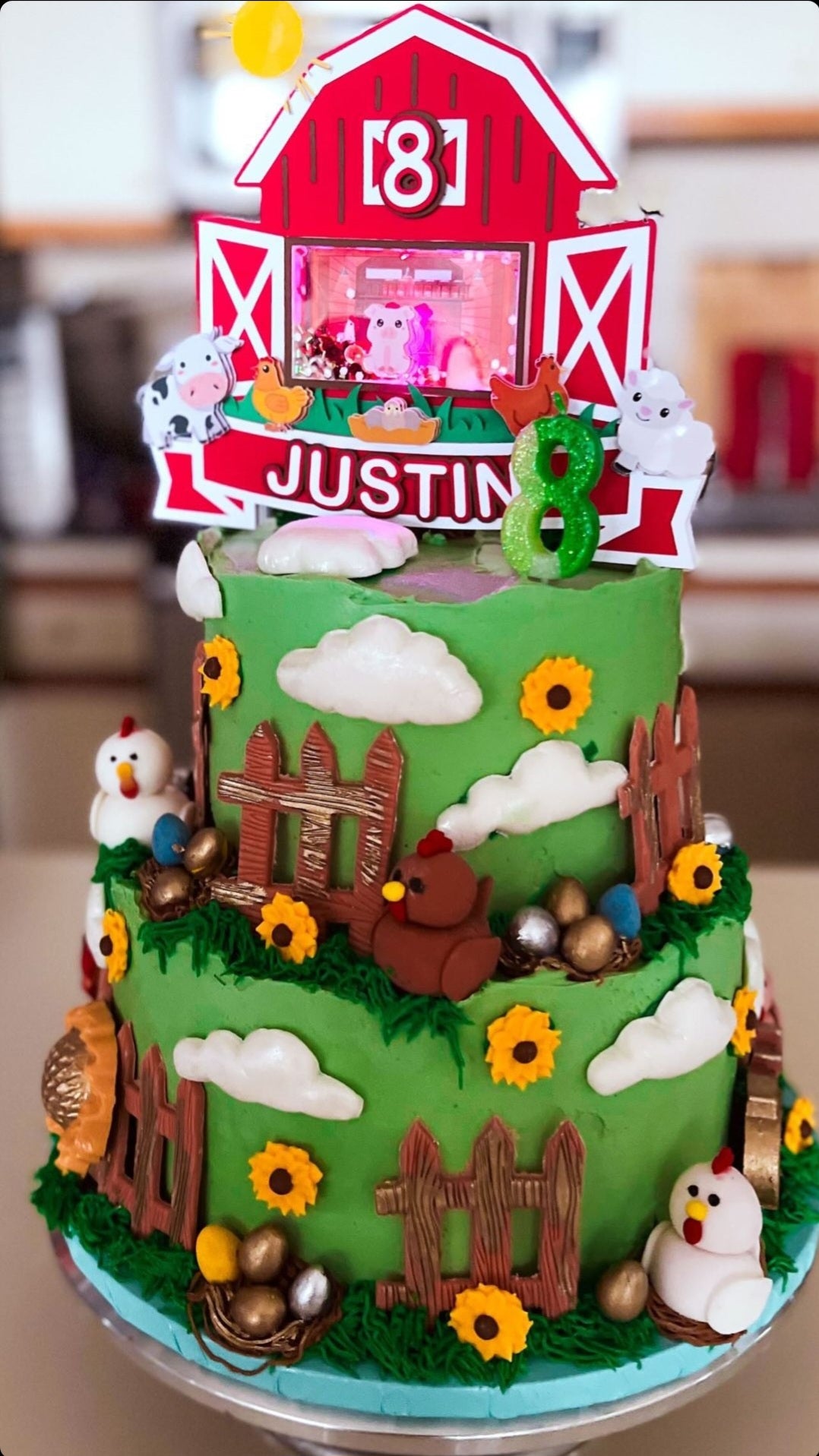 Farm and Barn Barnyard Themed Cake Topper 3D Shaker WITH Lights & Name Personalization