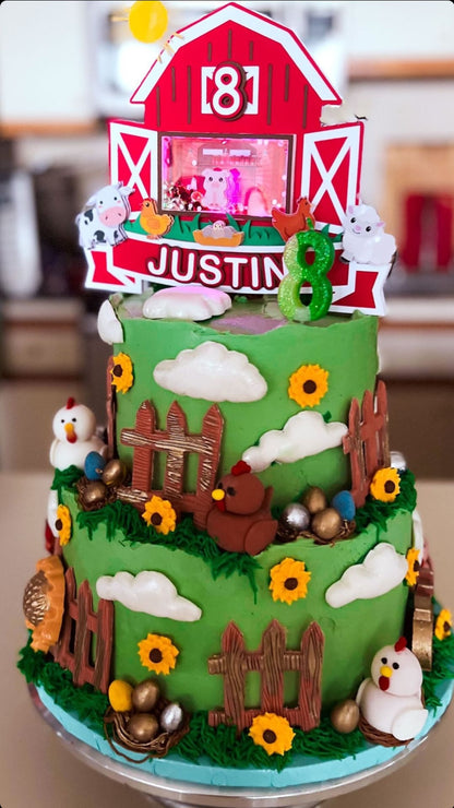 Farm and Barn Barnyard Themed Cake Topper 3D Shaker WITH Lights & Name Personalization