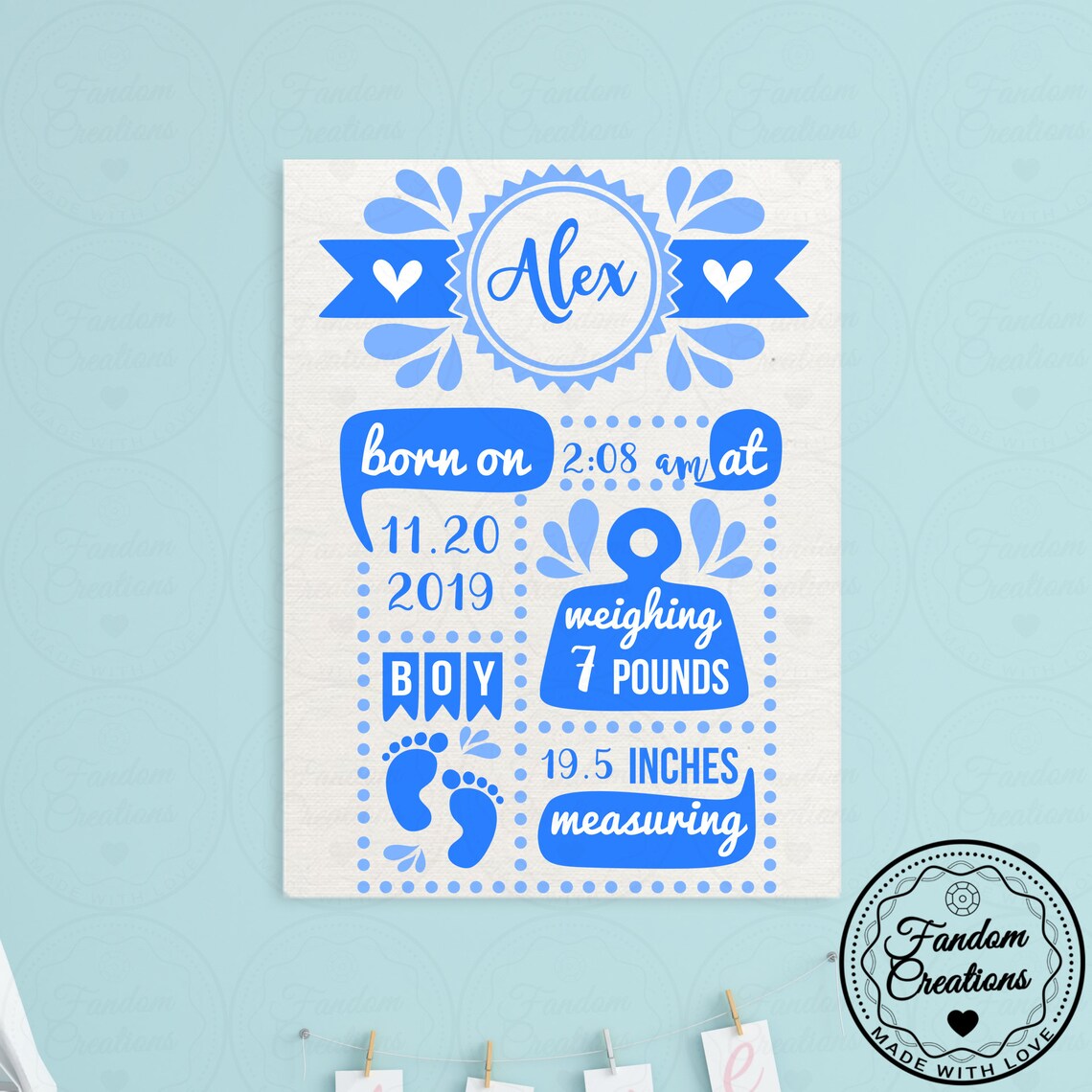 100% Cotton Baby Birth Stat Canvas 11x14 Fully Custom Frameless Art Gift Baby Boy