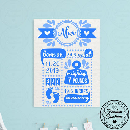 100% Cotton Baby Birth Stat Canvas 11x14 Fully Custom Frameless Art Gift Baby Boy