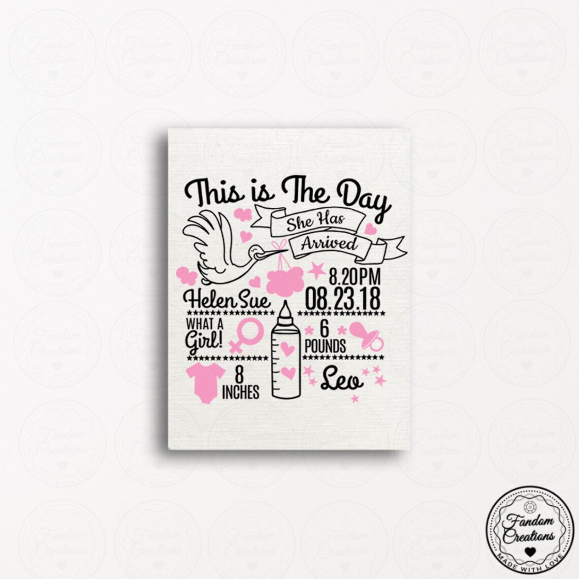 100% Cotton Baby Birth Stat Canvas 11x14 Fully Custom Frameless Art Gift Baby Girl