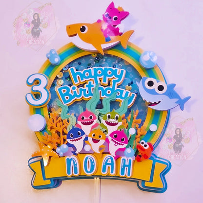 Shark Themed Adventure Cake Topper 3D Shaker WITH Lights & Name Personalization