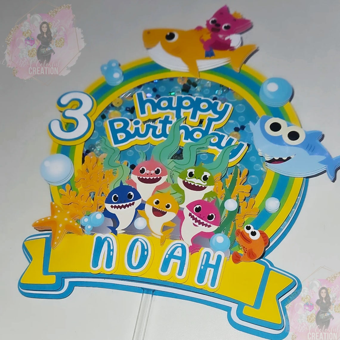 Shark Themed Adventure Cake Topper 3D Shaker WITH Lights & Name Personalization