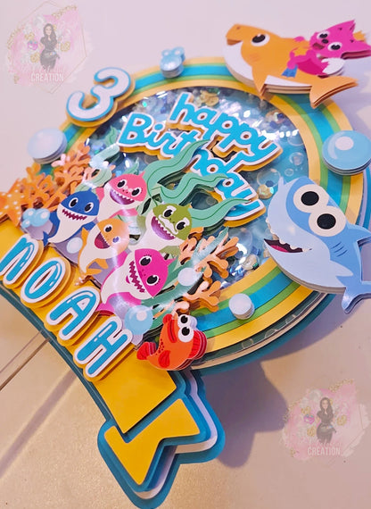 Shark Themed Adventure Cake Topper 3D Shaker WITH Lights & Name Personalization