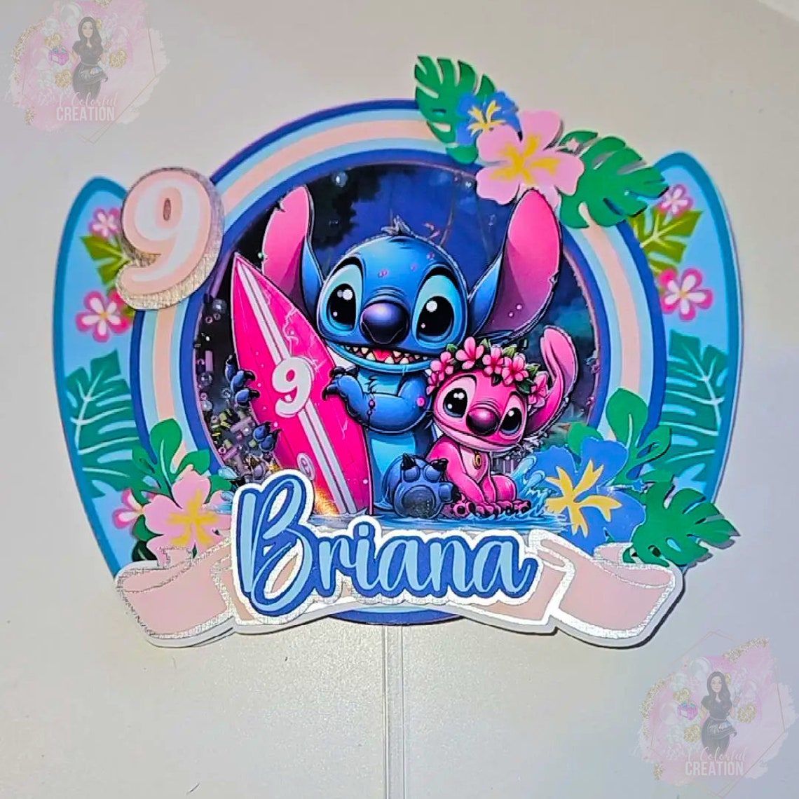 Stitch Themed Adventure Cake Topper 3D Shaker WITH Lights & Name Personalization