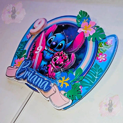 Stitch Themed Adventure Cake Topper 3D Shaker WITH Lights & Name Personalization