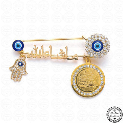 Baby MashAllah Pin Brooches With Four Arabic Qul Suras, Hamsa Hand & Eye