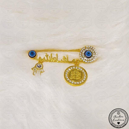 Baby MashAllah Pin Brooches With Four Arabic Qul Suras, Hamsa Hand & Eye