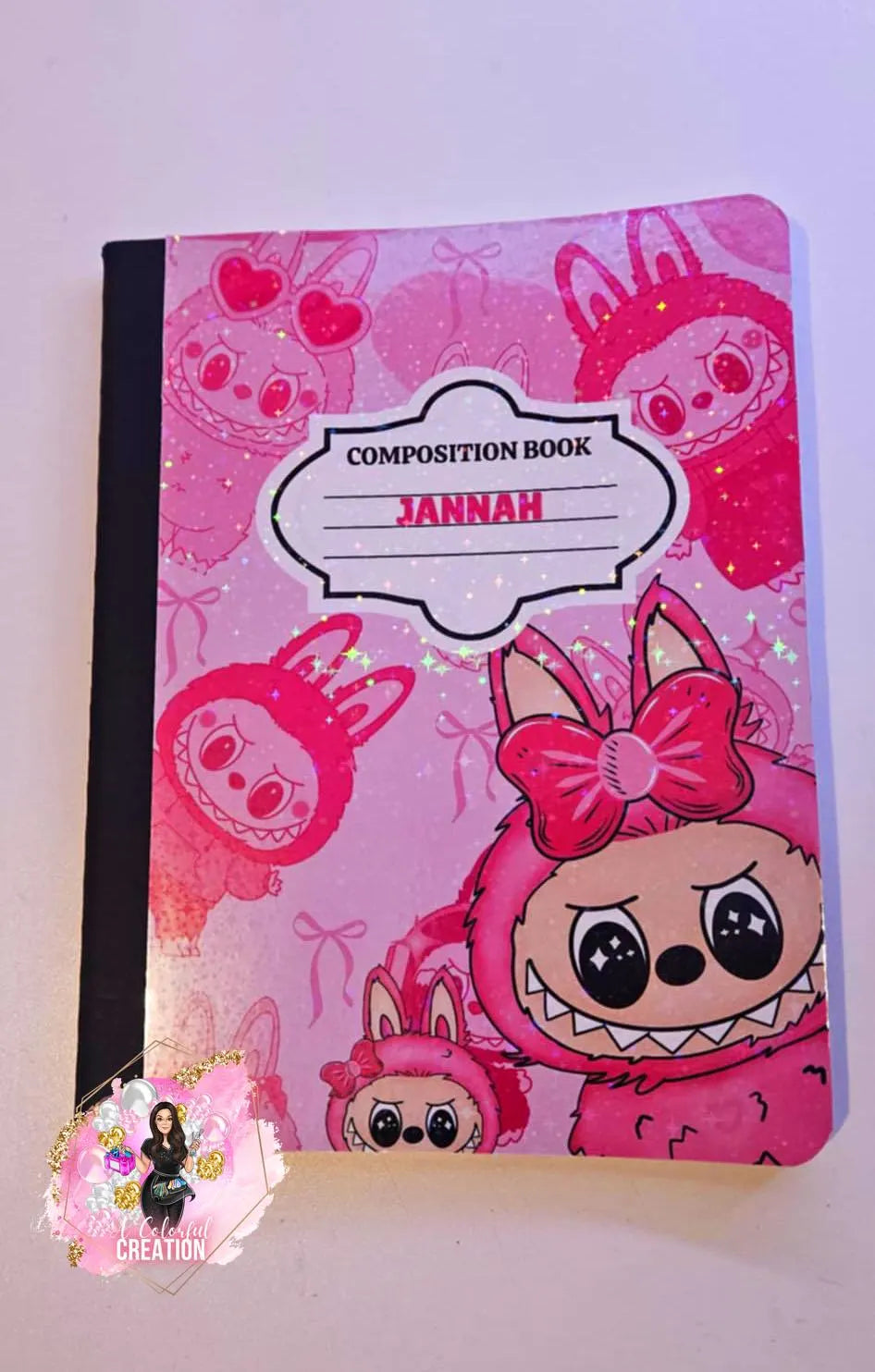 Custom Pink Monster Composition Notebook – Cute Kawaii Stationery, Personalized Name Option, Glossy or Holographic Finish