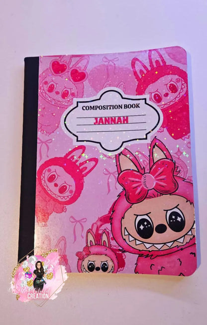 Custom Pink Monster Composition Notebook – Cute Kawaii Stationery, Personalized Name Option, Glossy or Holographic Finish