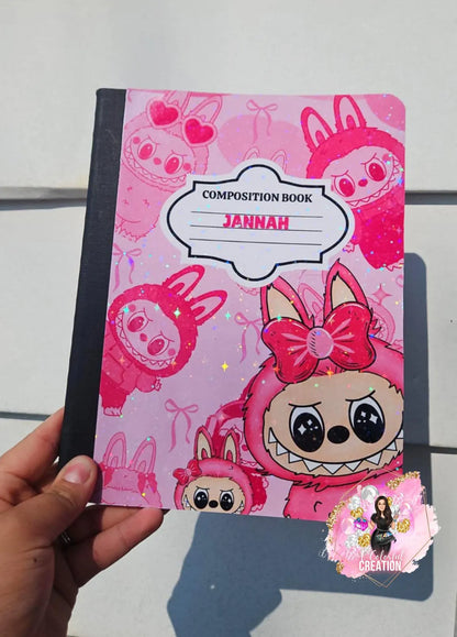 Custom Pink Monster Composition Notebook – Cute Kawaii Stationery, Personalized Name Option, Glossy or Holographic Finish