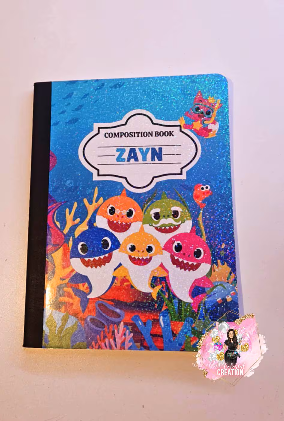 Personalized Baby Shark Notebook – Cute Under the Sea Kids Stationery with Glossy or Holographic Finish