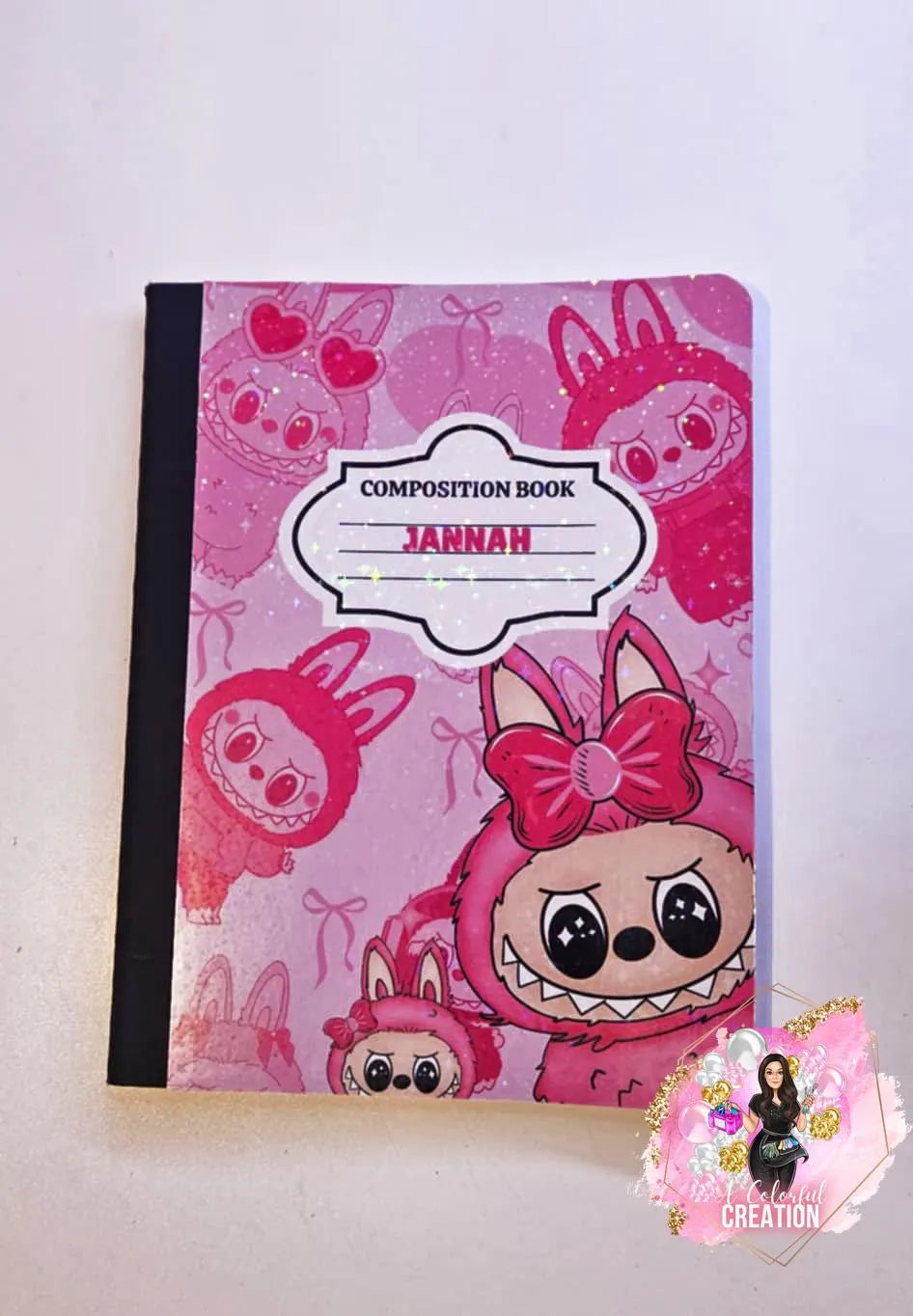 Custom Pink Monster Composition Notebook – Cute Kawaii Stationery, Personalized Name Option, Glossy or Holographic Finish