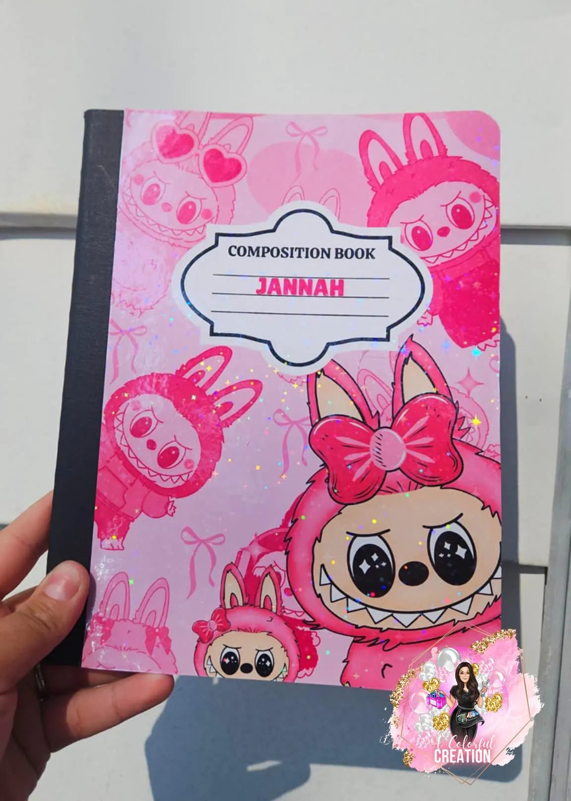 Custom Pink Monster Composition Notebook – Cute Kawaii Stationery, Personalized Name Option, Glossy or Holographic Finish
