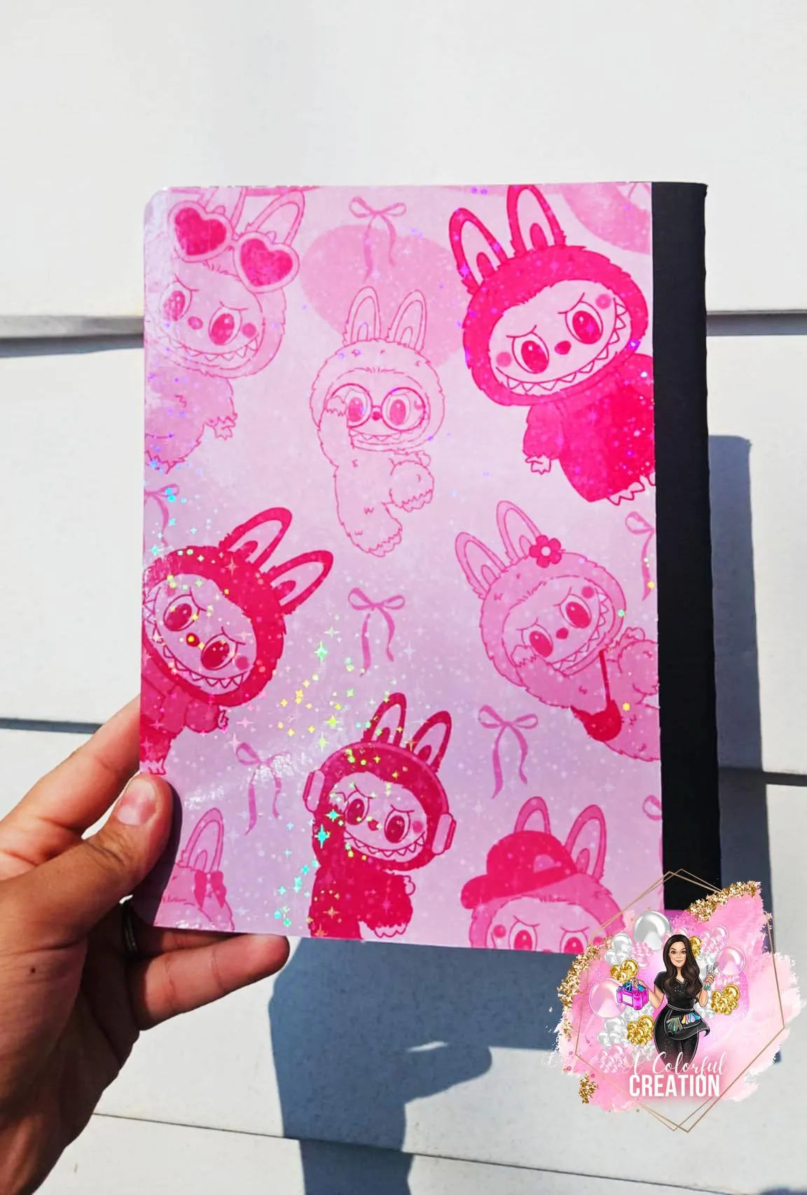 Custom Pink Monster Composition Notebook – Cute Kawaii Stationery, Personalized Name Option, Glossy or Holographic Finish